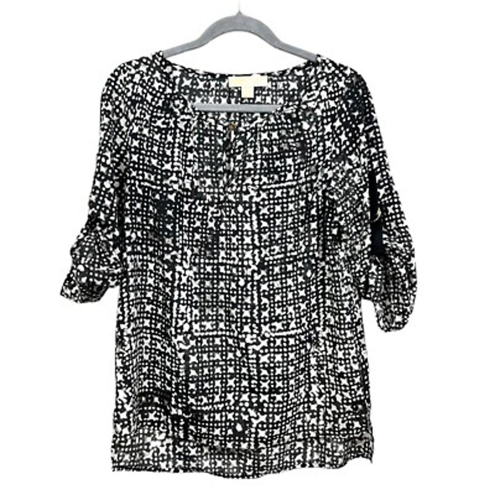 Michael Kors women's black and white geometric-printed blouse 3/4 sleeves M NWOT